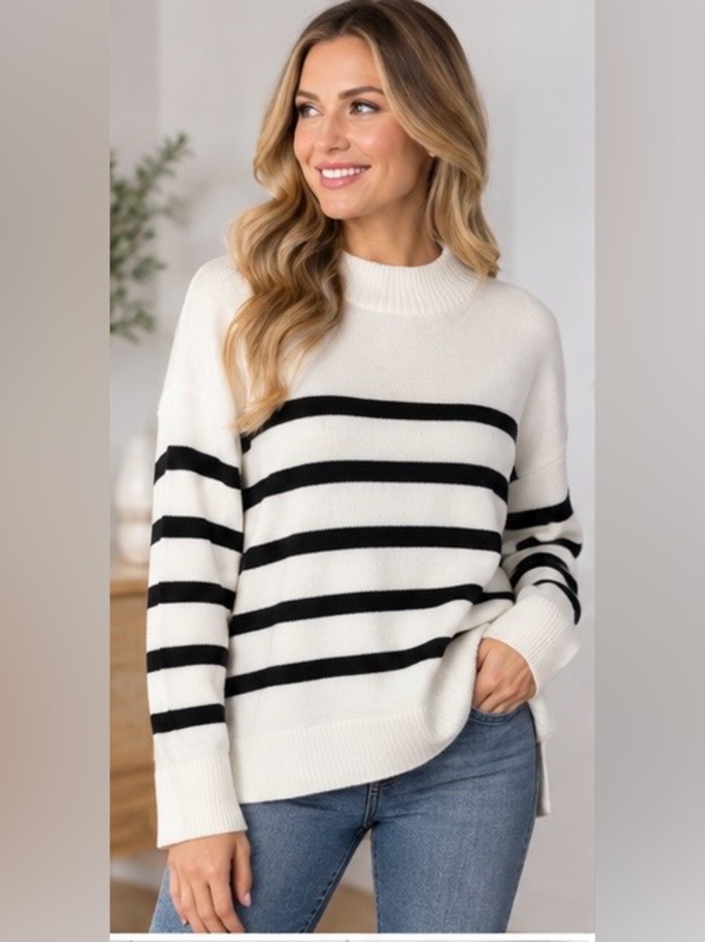 Zenana Outfitters Long Sleeve Black & White Super Soft Striped Sweater NWOT